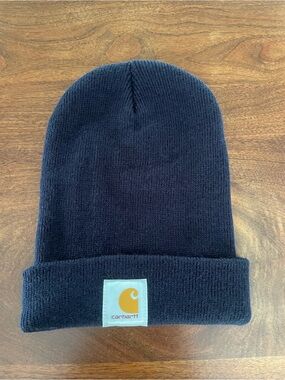 Carhartt Navy Knit Cuffed Beanie with Gold Logo Patch